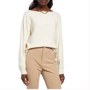 Open Edit Ivory Dove Rib Dolman Sleeve Sweater (S)